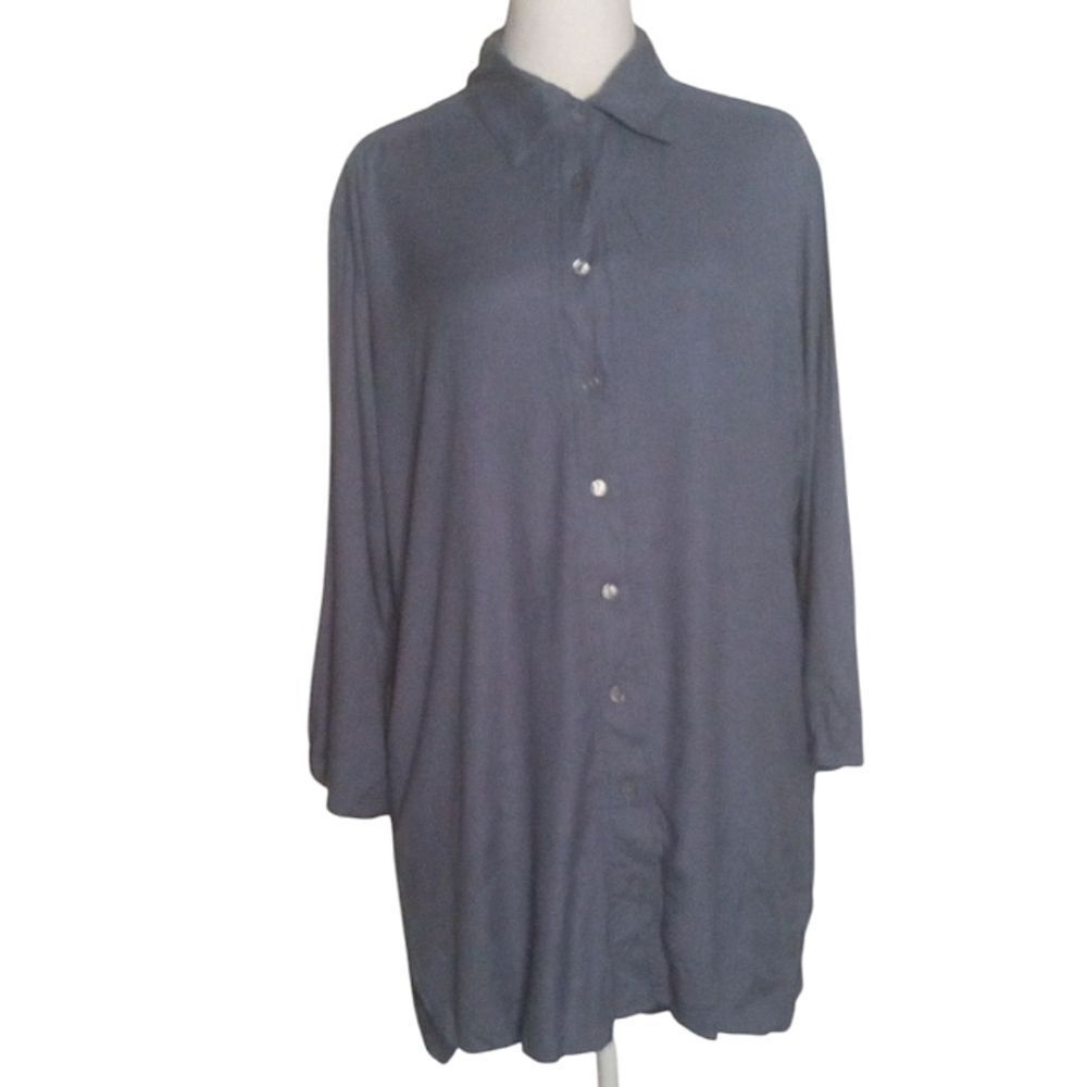 Soft Surroundings Chambray Button Front Shirt Tail Hem Tunic Top Pockets Large